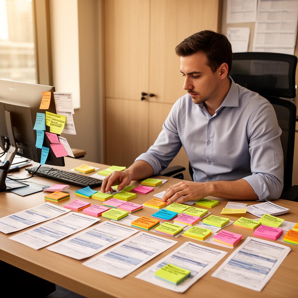 Facility manager at desk with sticky notes and service requests