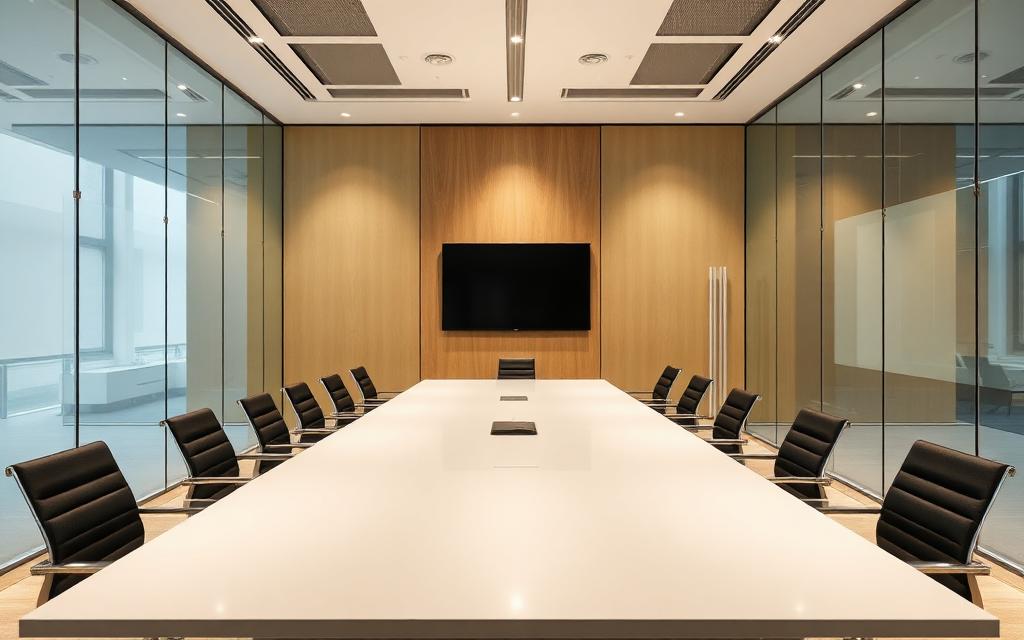 Empty modern meeting room with glass walls